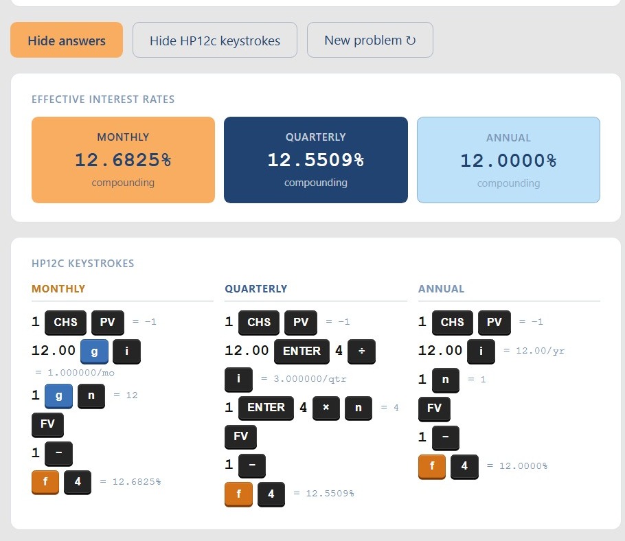 Interactive effective interest rates with HP12c keystrokes